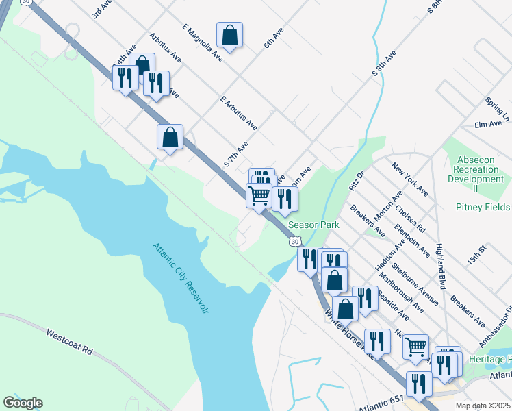 map of restaurants, bars, coffee shops, grocery stores, and more near 8th Avenue in Galloway