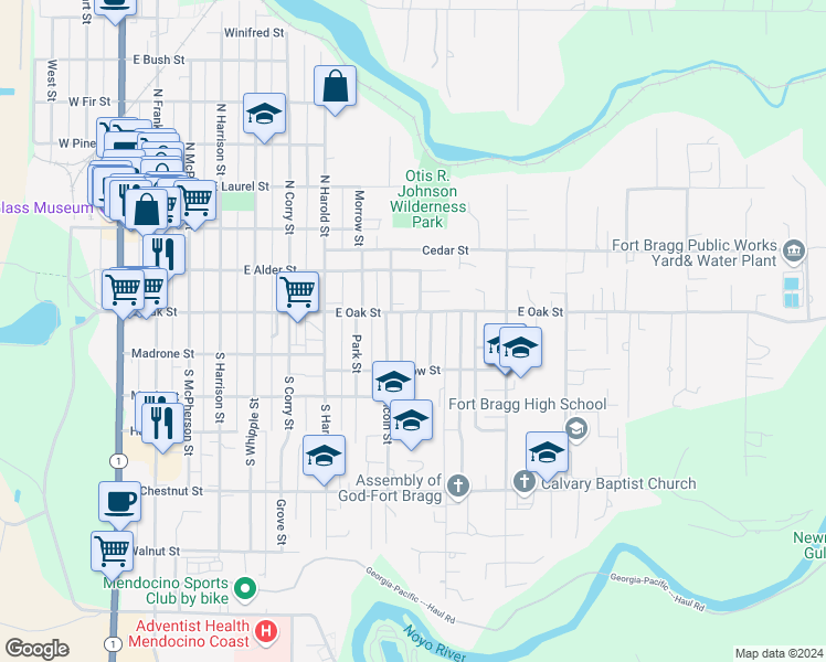 map of restaurants, bars, coffee shops, grocery stores, and more near 126 Florence Street in Fort Bragg