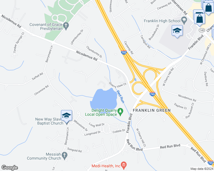 map of restaurants, bars, coffee shops, grocery stores, and more near 605 Quarry View Court in Reisterstown