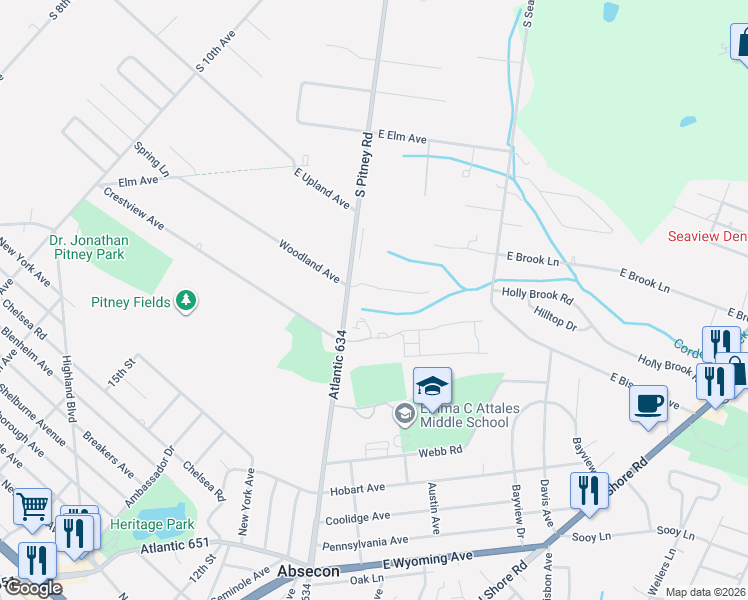 map of restaurants, bars, coffee shops, grocery stores, and more near 100 East Woodland Avenue in Absecon