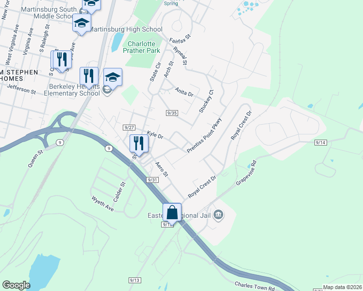 map of restaurants, bars, coffee shops, grocery stores, and more near 802 Desota Way in Martinsburg