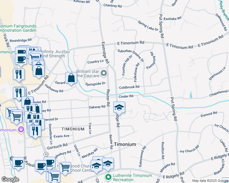 map of restaurants, bars, coffee shops, grocery stores, and more near 2104 Eastridge Road in Lutherville-Timonium