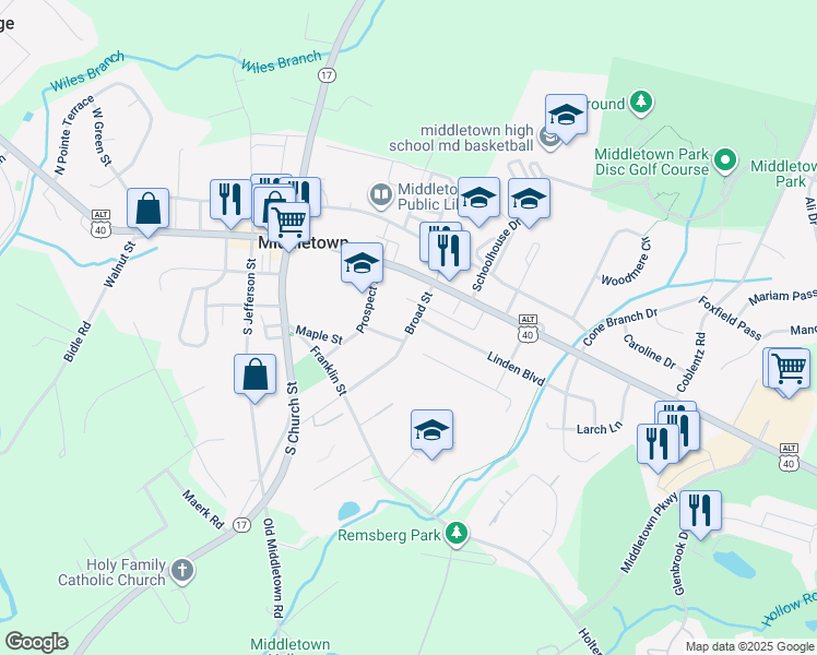 map of restaurants, bars, coffee shops, grocery stores, and more near 107 Broad Street in Middletown