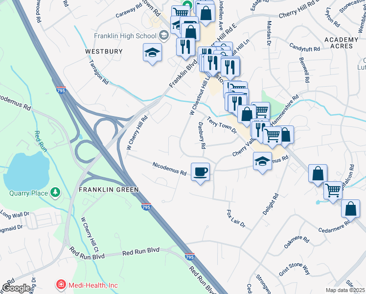 map of restaurants, bars, coffee shops, grocery stores, and more near 125 West Chestnut Hill Lane in Reisterstown