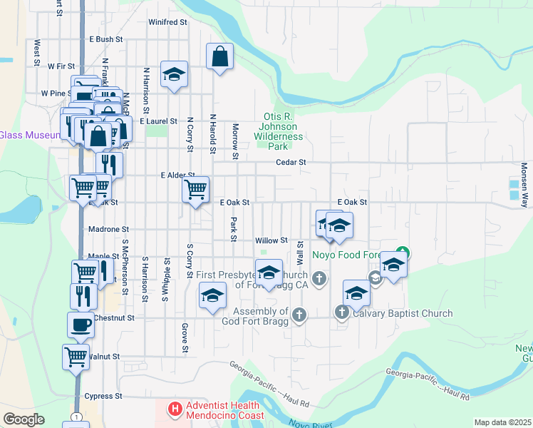 map of restaurants, bars, coffee shops, grocery stores, and more near 126 Florence Street in Fort Bragg
