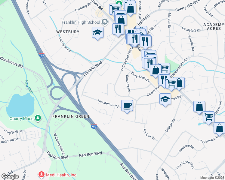 map of restaurants, bars, coffee shops, grocery stores, and more near 128 West Chestnut Hill Lane in Reisterstown