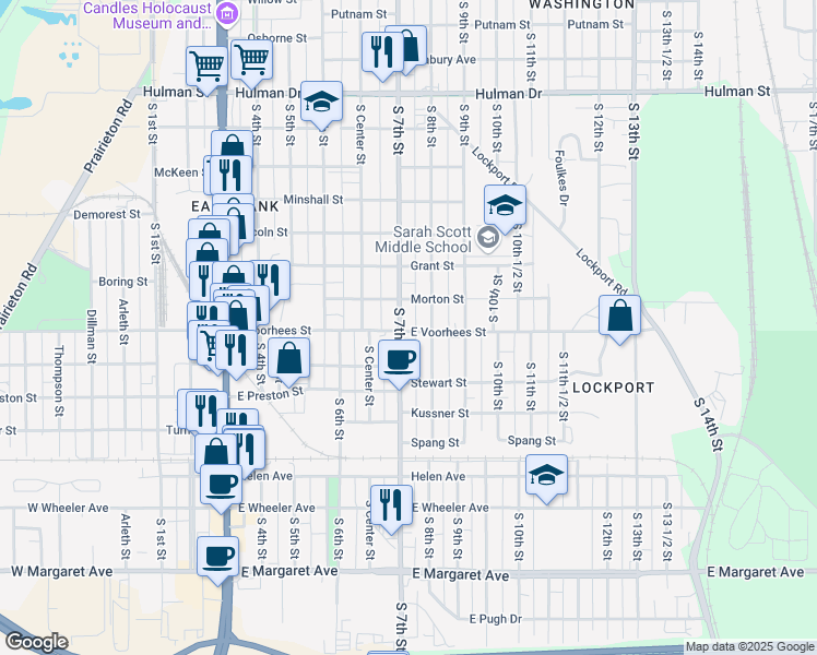 map of restaurants, bars, coffee shops, grocery stores, and more near 2400 South 7th Street in Terre Haute