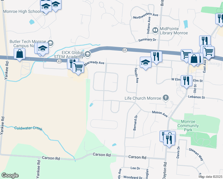 map of restaurants, bars, coffee shops, grocery stores, and more near 864 Willowbrook Drive in Monroe