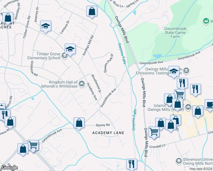 map of restaurants, bars, coffee shops, grocery stores, and more near 841 Crystal Palace Court in Owings Mills