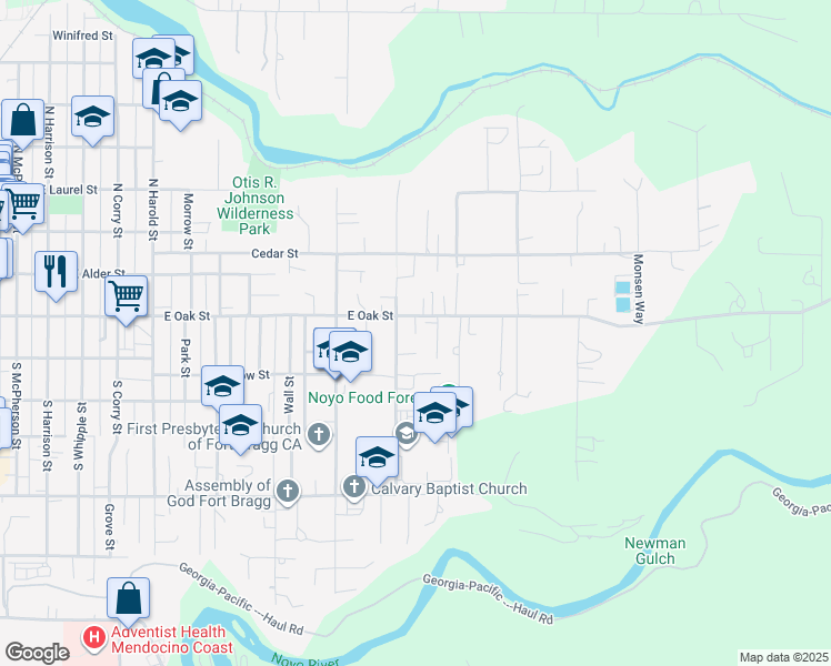 map of restaurants, bars, coffee shops, grocery stores, and more near 1431 Taubold Ct in Fort Bragg