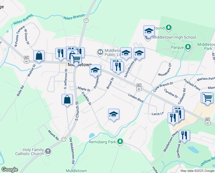 map of restaurants, bars, coffee shops, grocery stores, and more near 107 Broad Street in Middletown