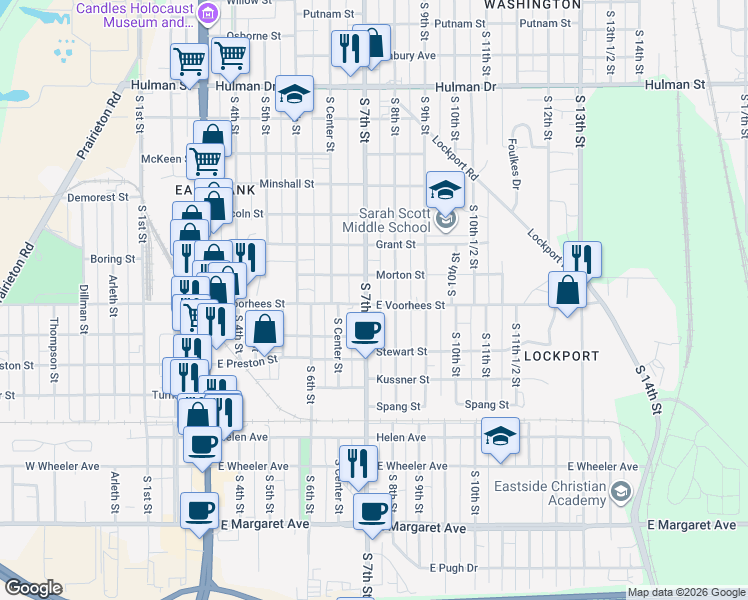 map of restaurants, bars, coffee shops, grocery stores, and more near 2400 South 7th Street in Terre Haute
