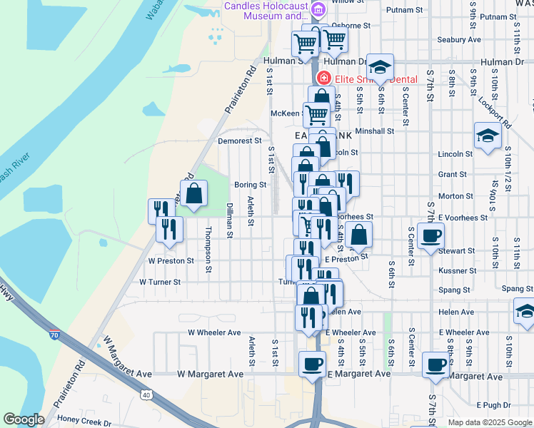 map of restaurants, bars, coffee shops, grocery stores, and more near 2401 South 1st Street in Terre Haute