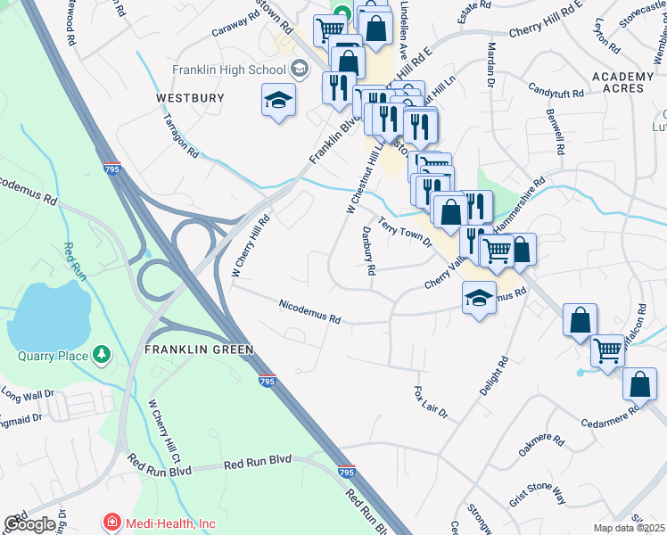 map of restaurants, bars, coffee shops, grocery stores, and more near 125 West Chestnut Hill Lane in Reisterstown