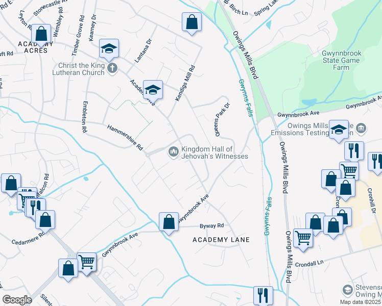 map of restaurants, bars, coffee shops, grocery stores, and more near 900 Academy Avenue in Owings Mills