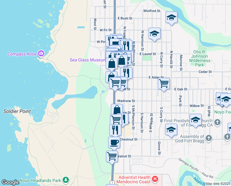 map of restaurants, bars, coffee shops, grocery stores, and more near 112 South Main Street in Fort Bragg