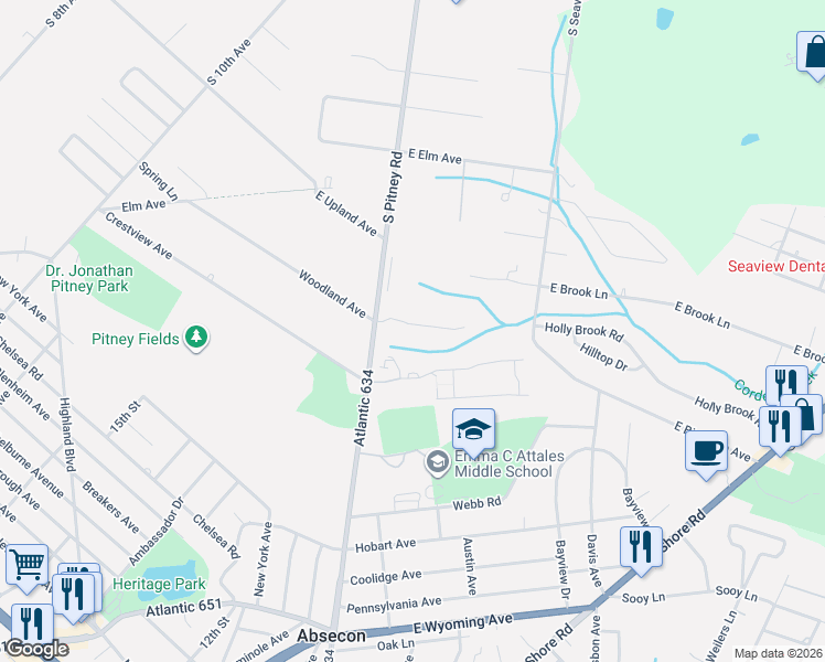 map of restaurants, bars, coffee shops, grocery stores, and more near 82 East Woodland Avenue in Absecon