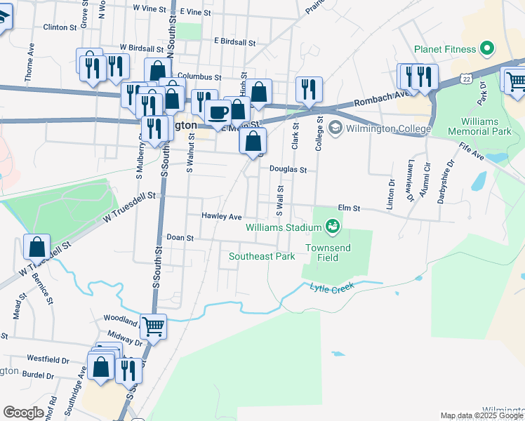 map of restaurants, bars, coffee shops, grocery stores, and more near 332 Grant Street in Wilmington