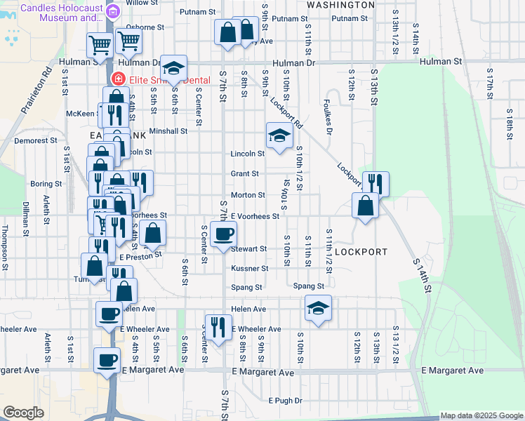 map of restaurants, bars, coffee shops, grocery stores, and more near 801 East Voorhees Street in Terre Haute