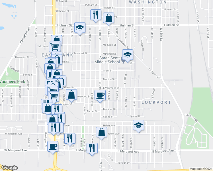 map of restaurants, bars, coffee shops, grocery stores, and more near 2400 South 7th Street in Terre Haute