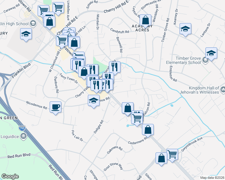 map of restaurants, bars, coffee shops, grocery stores, and more near 11605 Reisterstown Road in Owings Mills