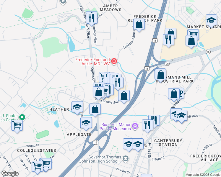map of restaurants, bars, coffee shops, grocery stores, and more near 183 Thomas Johnson Drive in Frederick