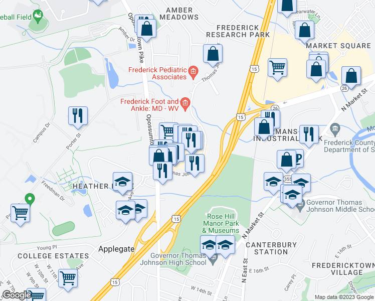 map of restaurants, bars, coffee shops, grocery stores, and more near 179 Thomas Johnson Drive in Frederick