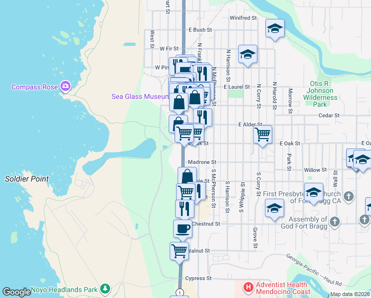 map of restaurants, bars, coffee shops, grocery stores, and more near 150 S Main St in Fort Bragg