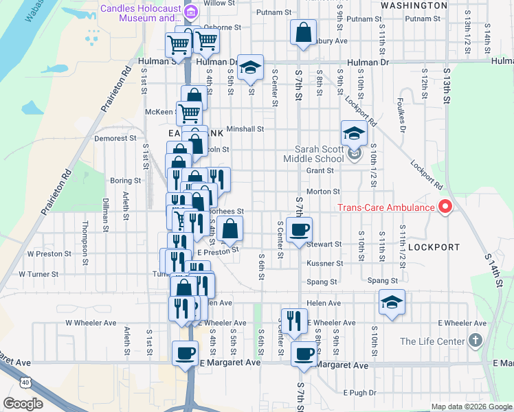 map of restaurants, bars, coffee shops, grocery stores, and more near 600 East Voorhees Street in Terre Haute