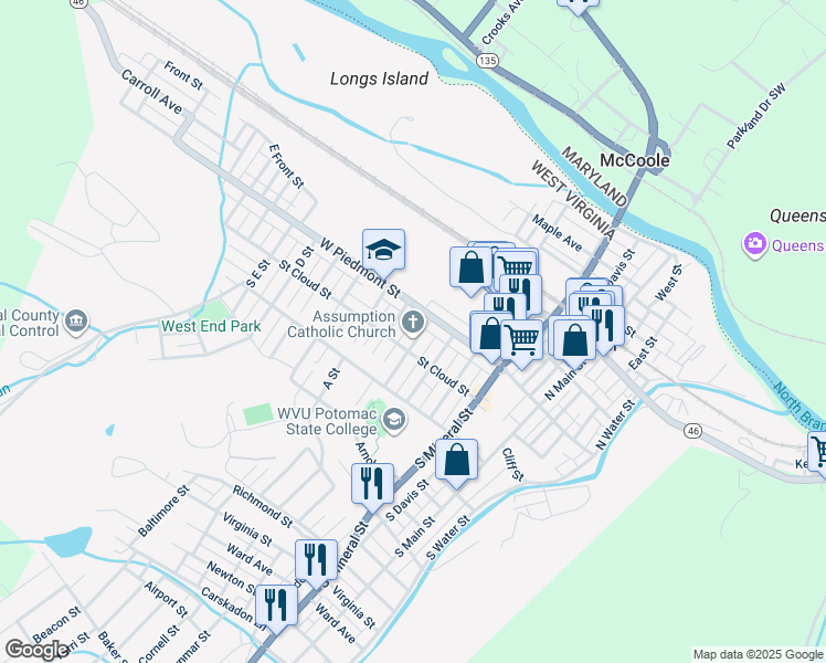 map of restaurants, bars, coffee shops, grocery stores, and more near 50 James Street in Keyser