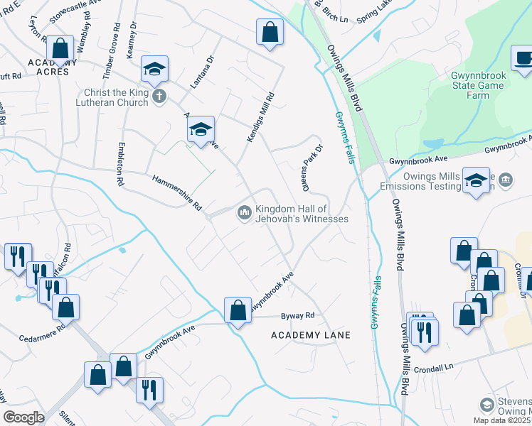 map of restaurants, bars, coffee shops, grocery stores, and more near 900 Academy Avenue in Owings Mills
