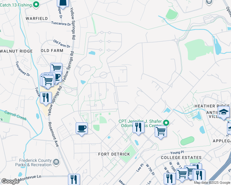 map of restaurants, bars, coffee shops, grocery stores, and more near Ditto Avenue in Frederick