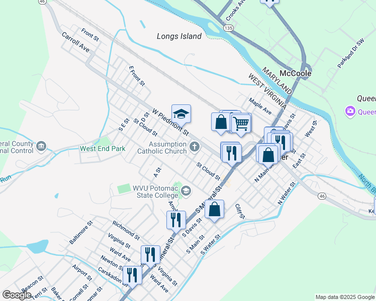 map of restaurants, bars, coffee shops, grocery stores, and more near 50 James Street in Keyser