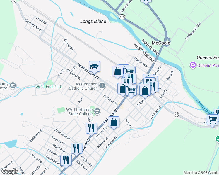 map of restaurants, bars, coffee shops, grocery stores, and more near 15 Spring Street in Keyser