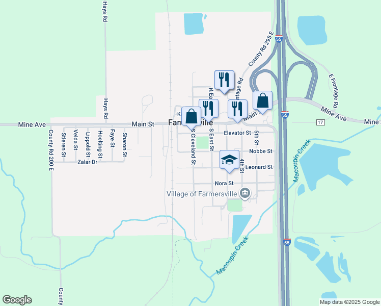 map of restaurants, bars, coffee shops, grocery stores, and more near 308 South Cleveland Street in Farmersville
