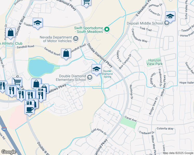 map of restaurants, bars, coffee shops, grocery stores, and more near 1200 South Meadows Parkway in Reno