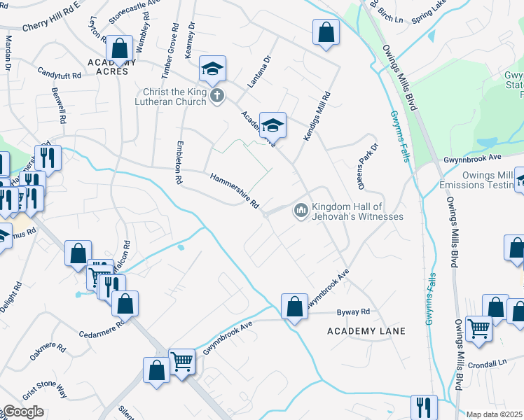 map of restaurants, bars, coffee shops, grocery stores, and more near 8 Beth Court in Owings Mills