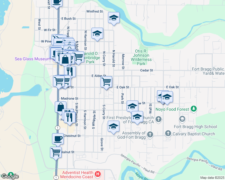 map of restaurants, bars, coffee shops, grocery stores, and more near 136 South Harold Street in Fort Bragg