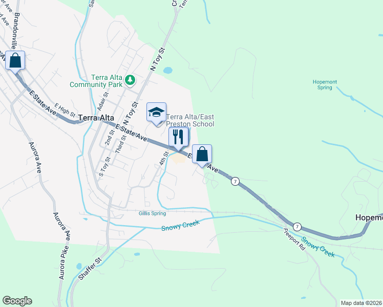 map of restaurants, bars, coffee shops, grocery stores, and more near 1204 East State Avenue in Terra Alta