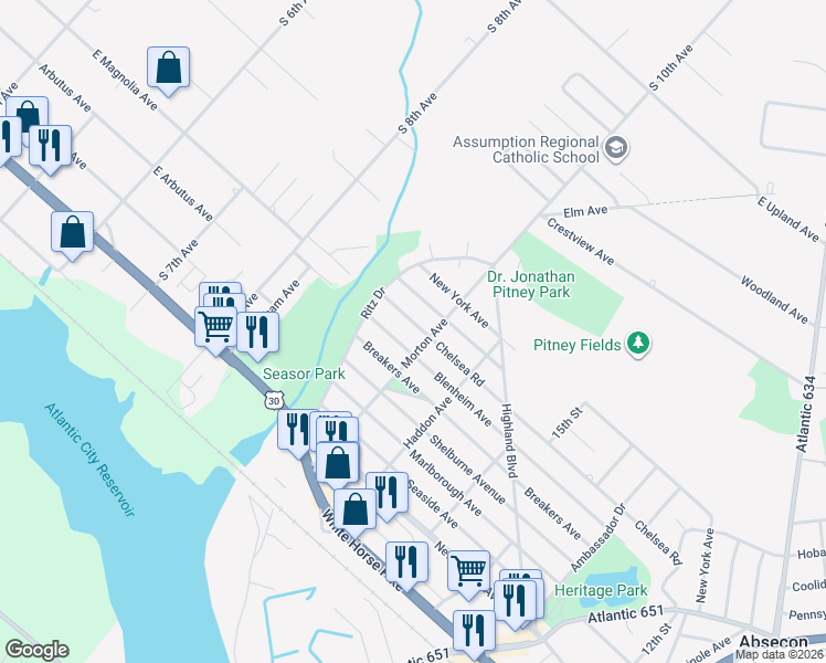 map of restaurants, bars, coffee shops, grocery stores, and more near 1103 Blenheim Avenue in Absecon