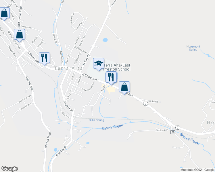 map of restaurants, bars, coffee shops, grocery stores, and more near 105 4th Street in Terra Alta