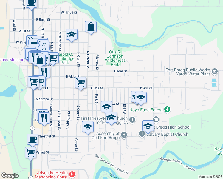 map of restaurants, bars, coffee shops, grocery stores, and more near 2 East Oak Street in Fort Bragg
