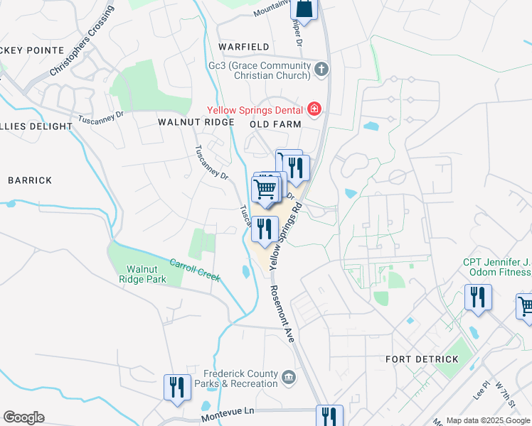 map of restaurants, bars, coffee shops, grocery stores, and more near 2060 Yellow Springs Road in Frederick