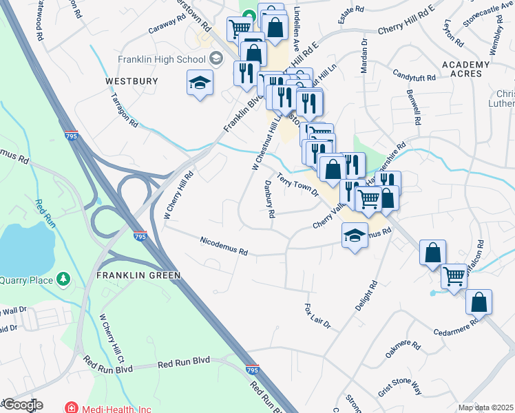 map of restaurants, bars, coffee shops, grocery stores, and more near 6 Pleasant Brook Court in Reisterstown