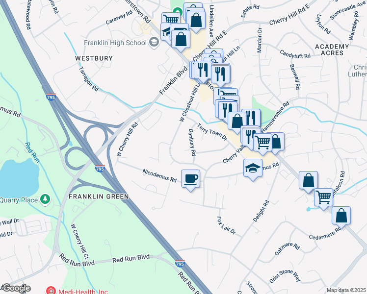 map of restaurants, bars, coffee shops, grocery stores, and more near 6 Pleasant Brook Court in Reisterstown