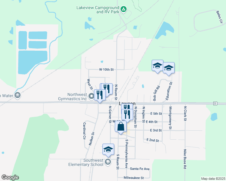 map of restaurants, bars, coffee shops, grocery stores, and more near 206 North Raum Street in Lawson