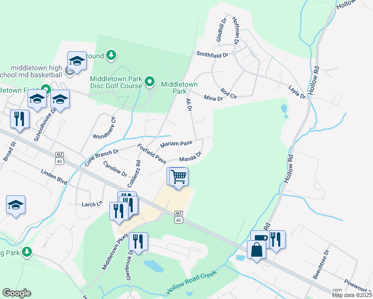 map of restaurants, bars, coffee shops, grocery stores, and more near 113 Mariam Pass in Middletown