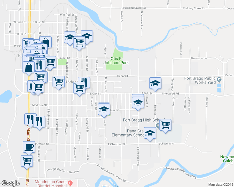 map of restaurants, bars, coffee shops, grocery stores, and more near 998 East Oak Street in Fort Bragg