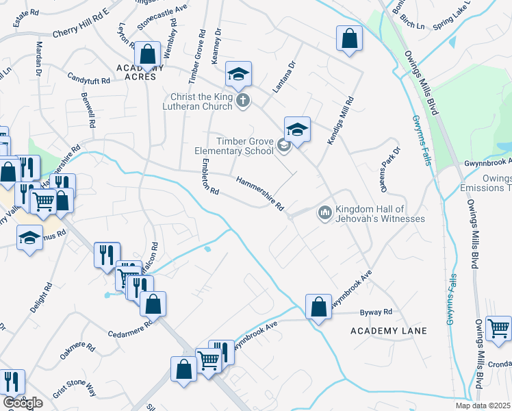 map of restaurants, bars, coffee shops, grocery stores, and more near 107 Embleton Road in Owings Mills