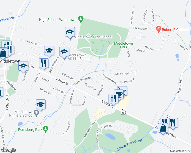 map of restaurants, bars, coffee shops, grocery stores, and more near Cone Branch Drive in Middletown